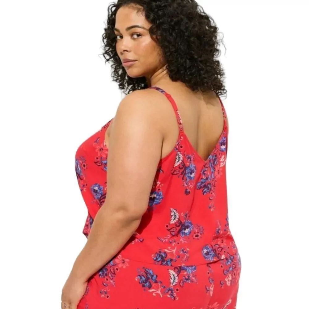 TORRID Red Floral challis button down crop top with  pull on pant set NWT